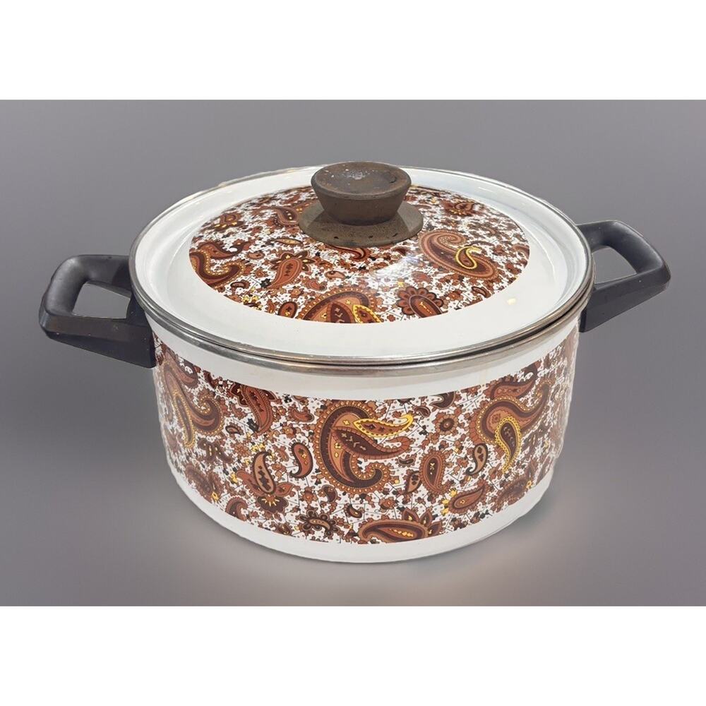2 VTG 1970’s Porcelain Enamelware Paisley Sauce Soup Pan Set Cook Cooking w/ Lid